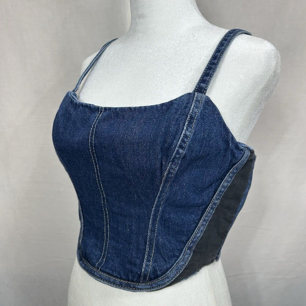 Forever 21 Womens Dark Wash Denim Corset Top Bustier Cropped Blue Zip Medium